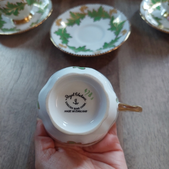 Vintage Royal Chelsey Bone China Green Leaf Ivy Tea Cup and Saucer Set Of (6) - Picture 5 of 16